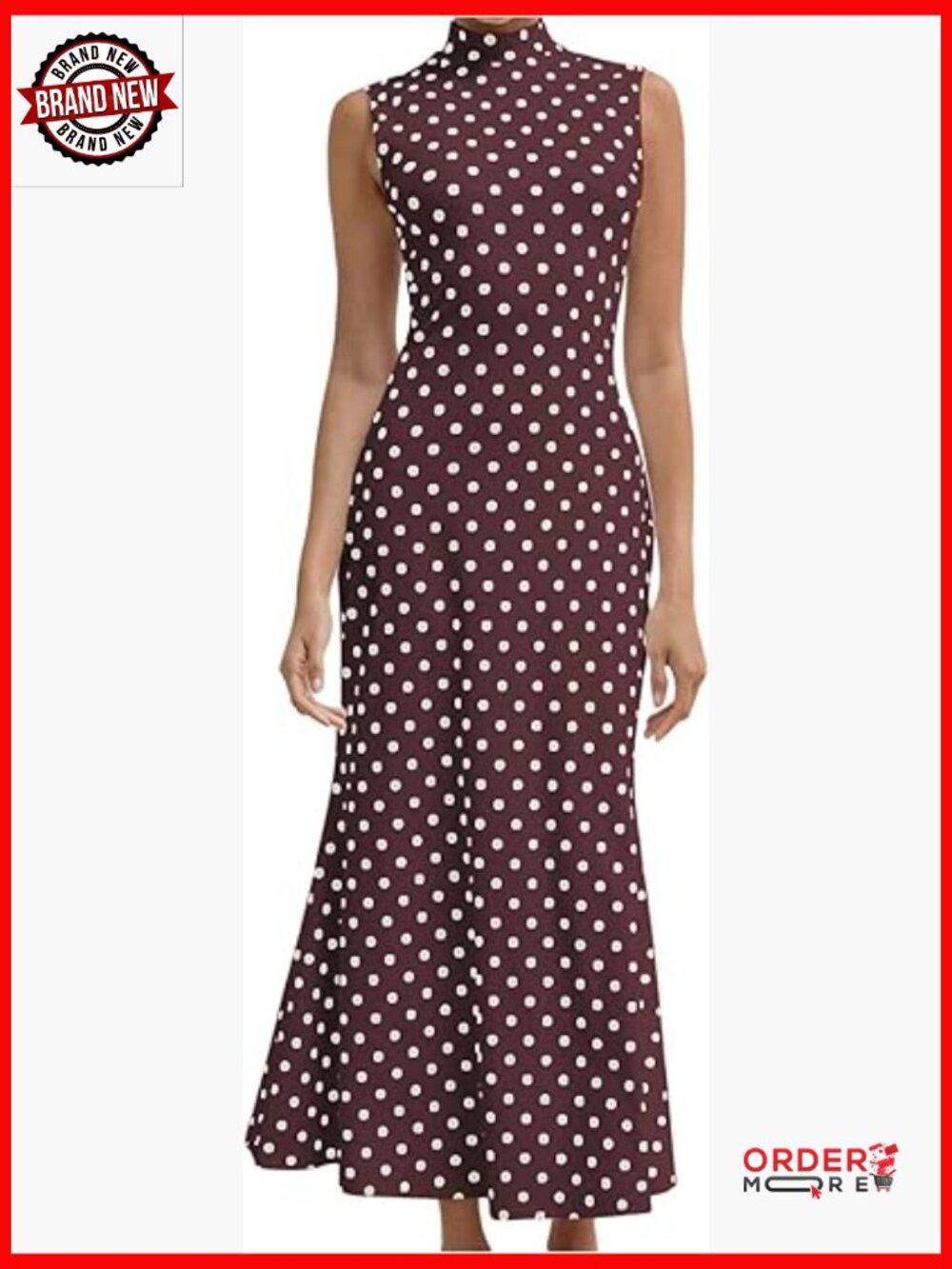 Women's Polka Dots Maxi Tank Dress Vintage Mock Neck Sleeveless Bodycon